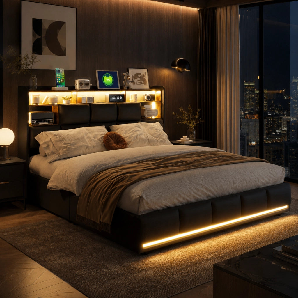 Letto matrimoniale con contenitore idraulico, testiera con vani, LED RGB, pelle sintetica nera, 140x190 cm, con porte USB e presa di corrente