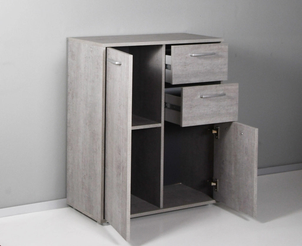 Armadietto Multiuso 3 Ante 2 Cassetti 87,6x35,3x72 cm in Truciolare Nobilitato Cemento