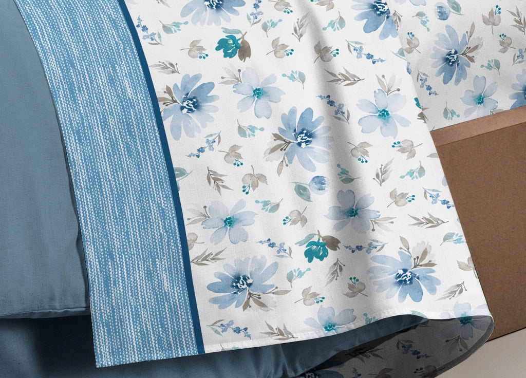 Completo Lenzuola Letto Flanella Calda 100% Cotone Disegno Fiori 8284 - Matrimoniale - Azzurro