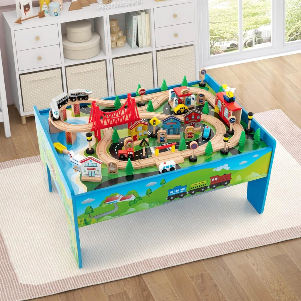 Tavolo e Set di Trenini in Legno, Tavolo Reversibile e Staccabile e Binari in Legno Massiccio, Set da Gioco Creativo 84/80 Pezzi, per Bambini 3 Anni+ (Stile 2)