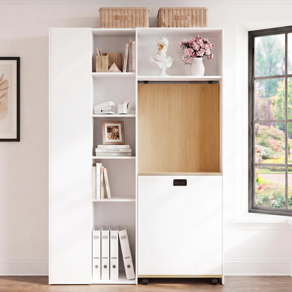 Scrivania pieghevole multifunzionale con libreria integrata, presa EU e USB, MDF bianco 104,5 × 30,5 × 160 cm