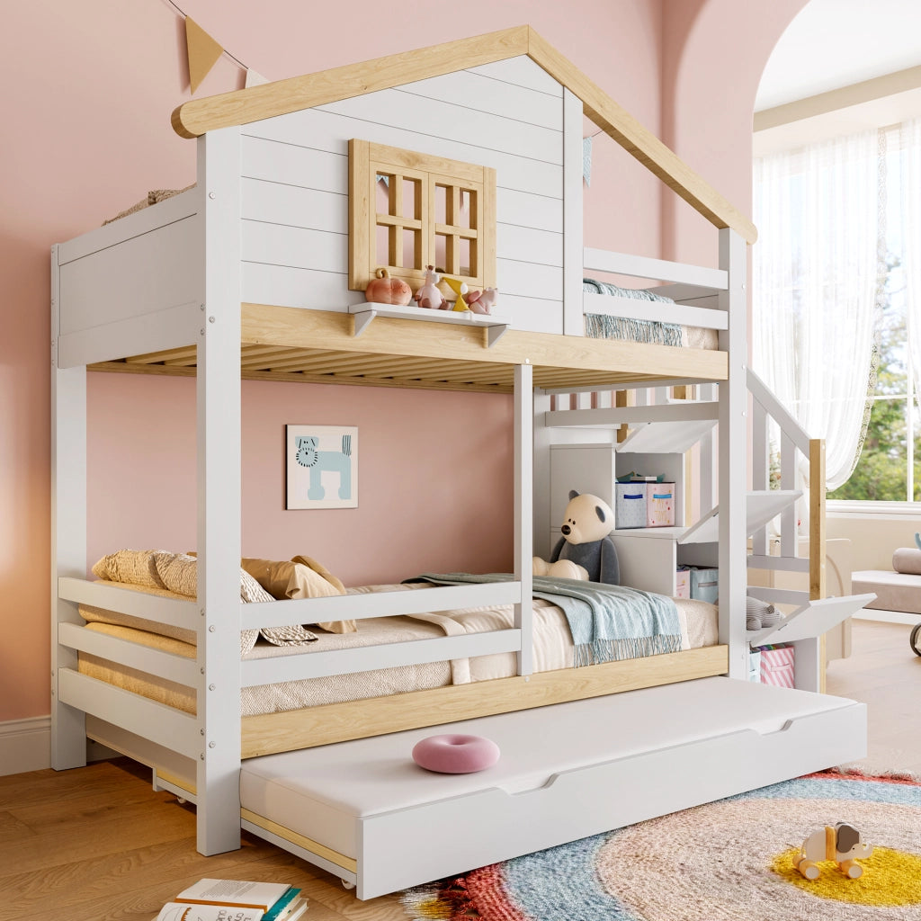 Letto a Castello 90x200 cm con Letto Estraibile; Sponde e Scala contenitore - Bianco