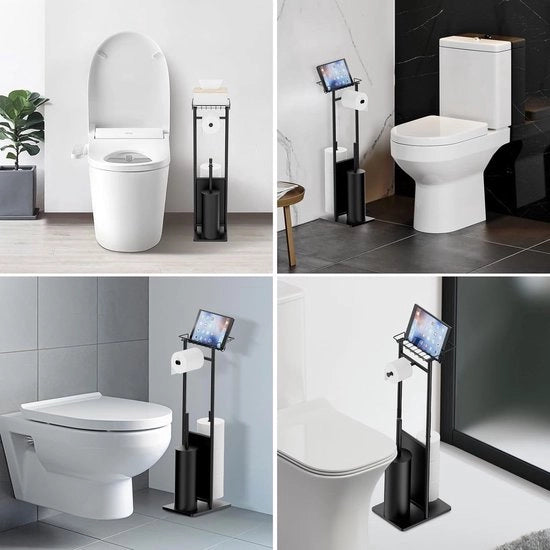 Houder per wc con spazzola, insieme di accessori per il bagno multifunzionale, inclusa spazzola per il water con alta qualità, appoggio per il rotolo del water pratico, spazio per i rotoli di riserva e piattaforma superiore