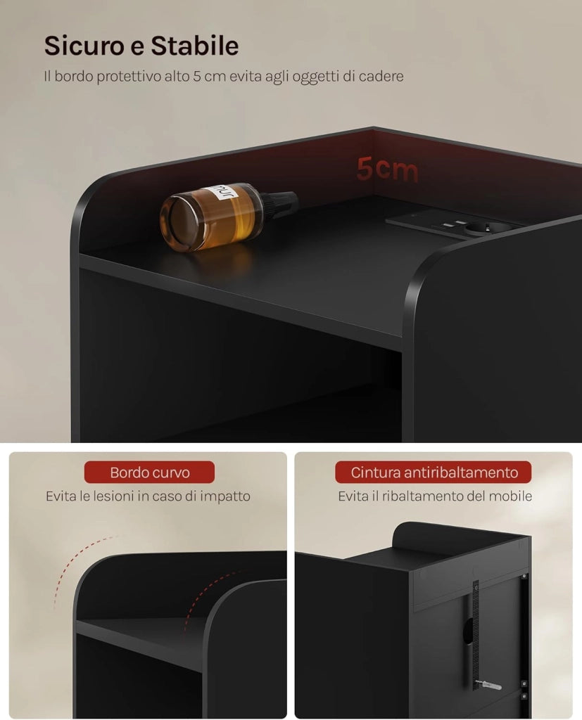 Comodino per Camera da Letto, Comodino Nero con Prese, Porte USB e Luci a LED, Tavolino con 1 Piano, 1 Scomparto e 2 Cassetti, Tavolino da Divano in Legno, NTS07sz