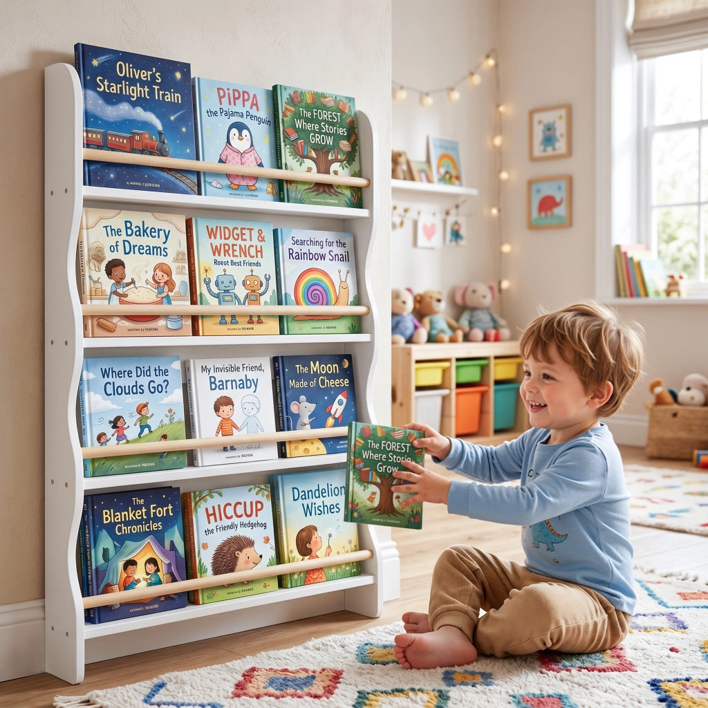 Bibliothèque murale pour enfant,Rangement Livre 4 Niveaux, Blanc