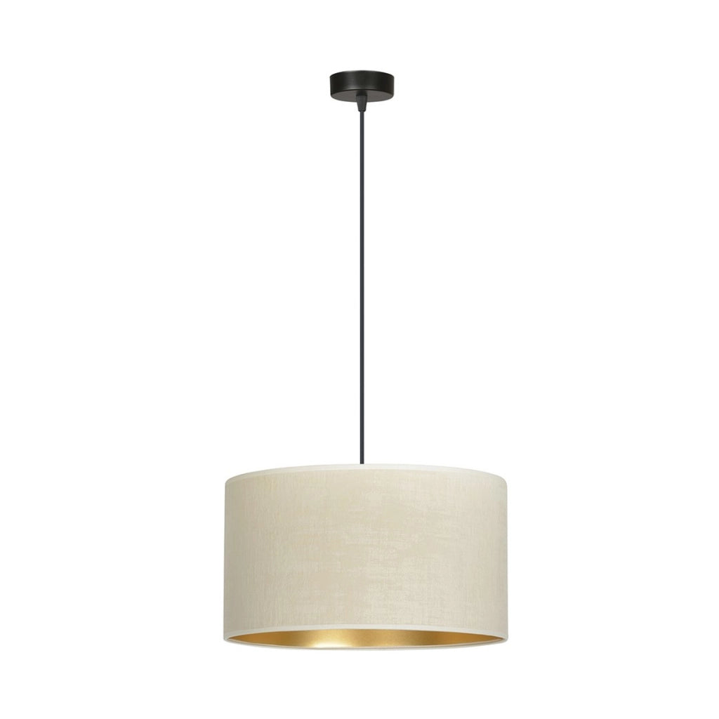 Lampada a sospensione Hilde con paralume in velluto bianco e interno oro