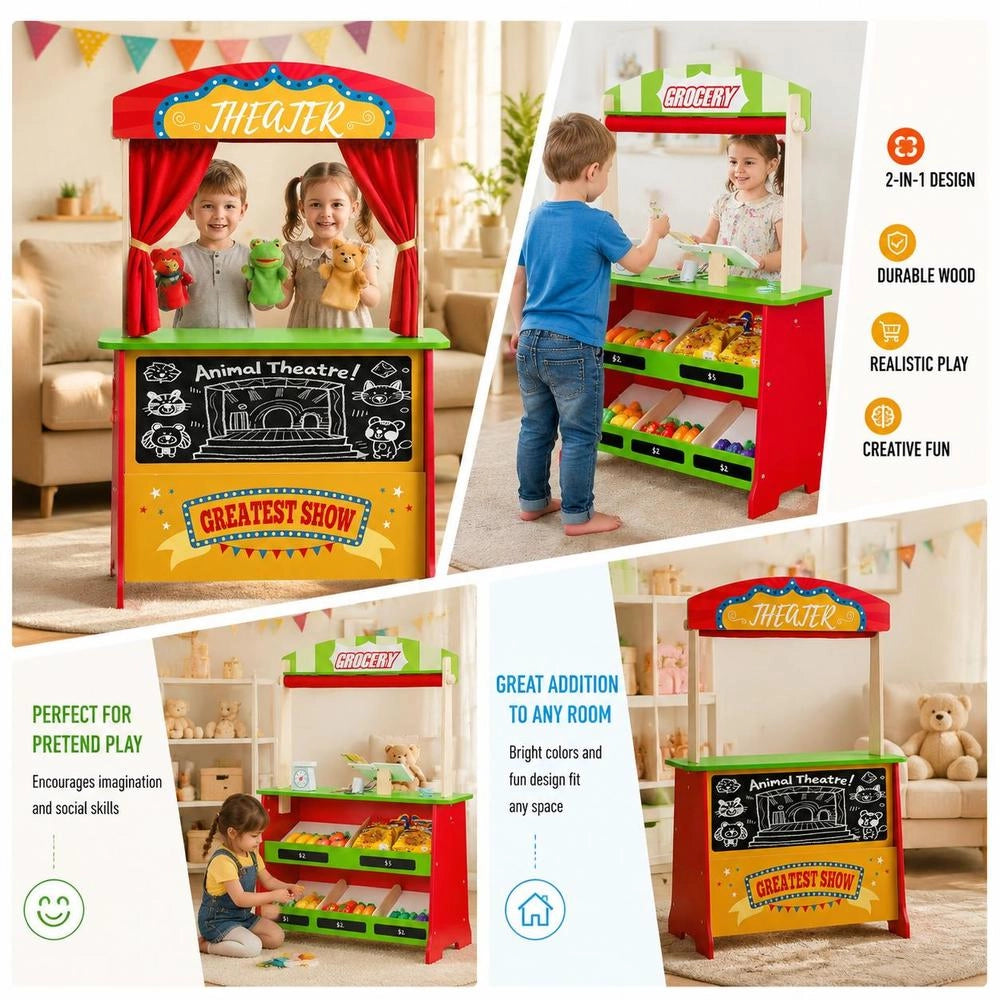 2-in-1 Playset: Wooden Puppet Theatre With Curtains, Shop, Double-Sided Wooden Game With Chalkboard And Cash Register, Market Stall For Role-Playing For Children Ages 3 And Up