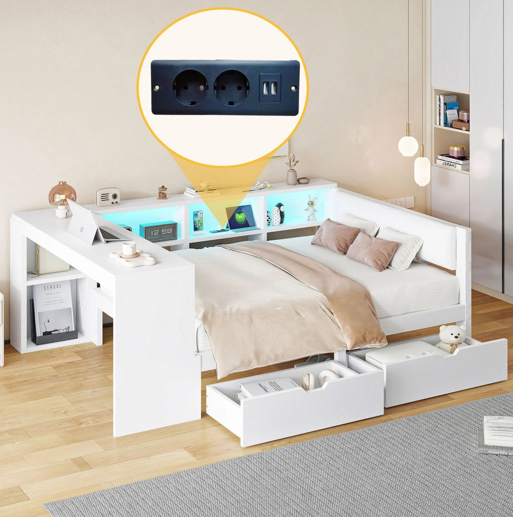 Letto 140x200 cm con contenitore; presa USB e LED in MDF; compensato; lino bianco