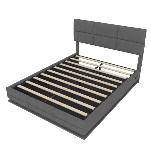 Letto imbottito in velluto 140x200 grigio; testiera regolabile; USB/Type-C; LED; vano idraulico