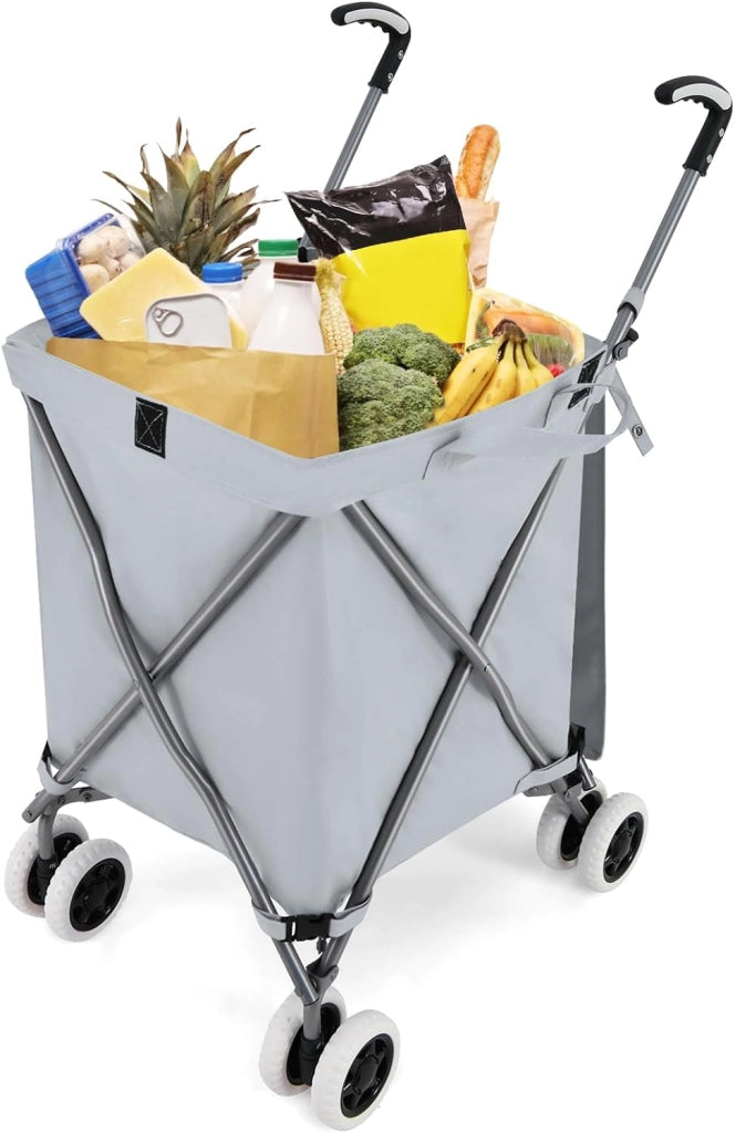 Carrello Spesa Pieghevole con Ruote, Carrello Portaspesa con Fodera in Tessuto Oxford Rimovibile e Impermeabile, 90L, Capacità di peso 55 kg (Grigio)