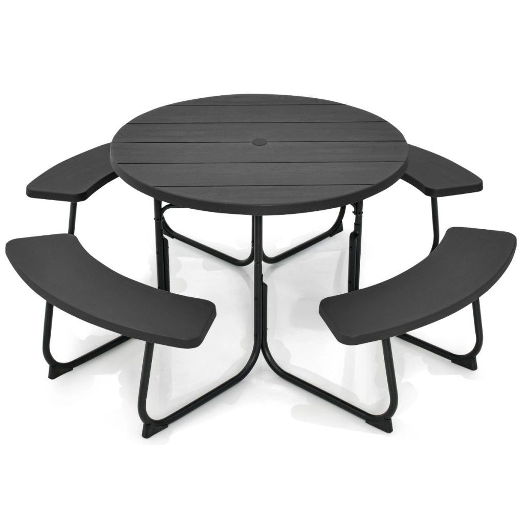 Set tavolo da picnic per 8 persone con 4 panche e foro per ombrellone, Tavolo da picnic circolare portata 225kg Nero-Tavoli e sedie da campeggio