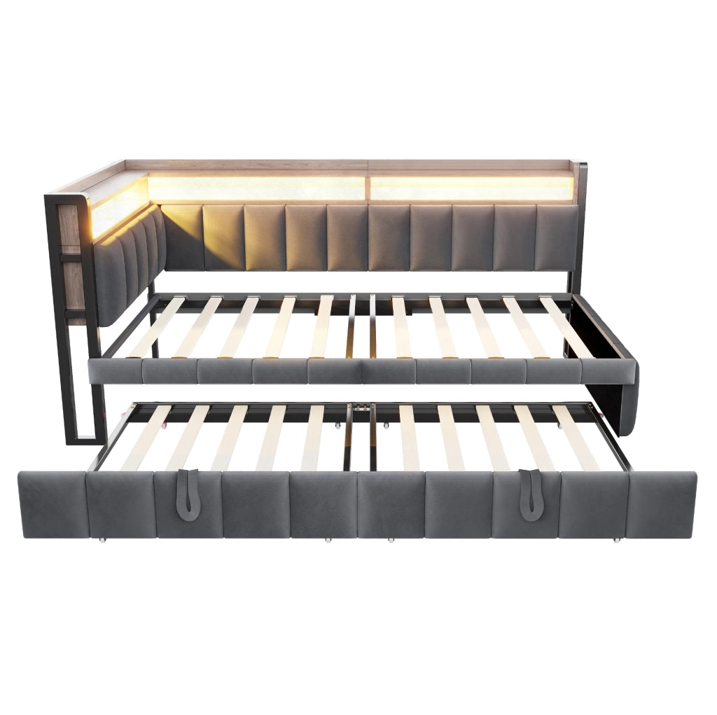 Divano letto 90x200 cm con letto estraibile, LED, USB e vani contenitivi