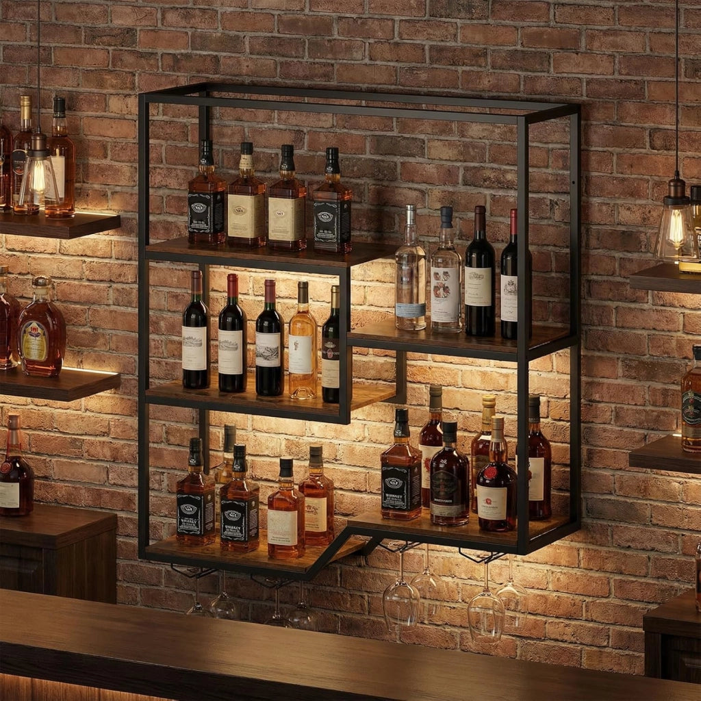 Portabottiglie da Parete, Portabottiglie di Vino Industriale in Metallo e Legno con 6 Mensole a Doppio Lato, Espositore Cantinetta Sospeso per Bar, Cucina e Ristorante, 102 x 30 x 112 cm