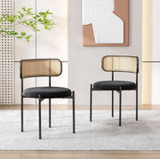 Set di 2 sedie da pranzo in velluto nero con schienale in rattan e gambe in metallo