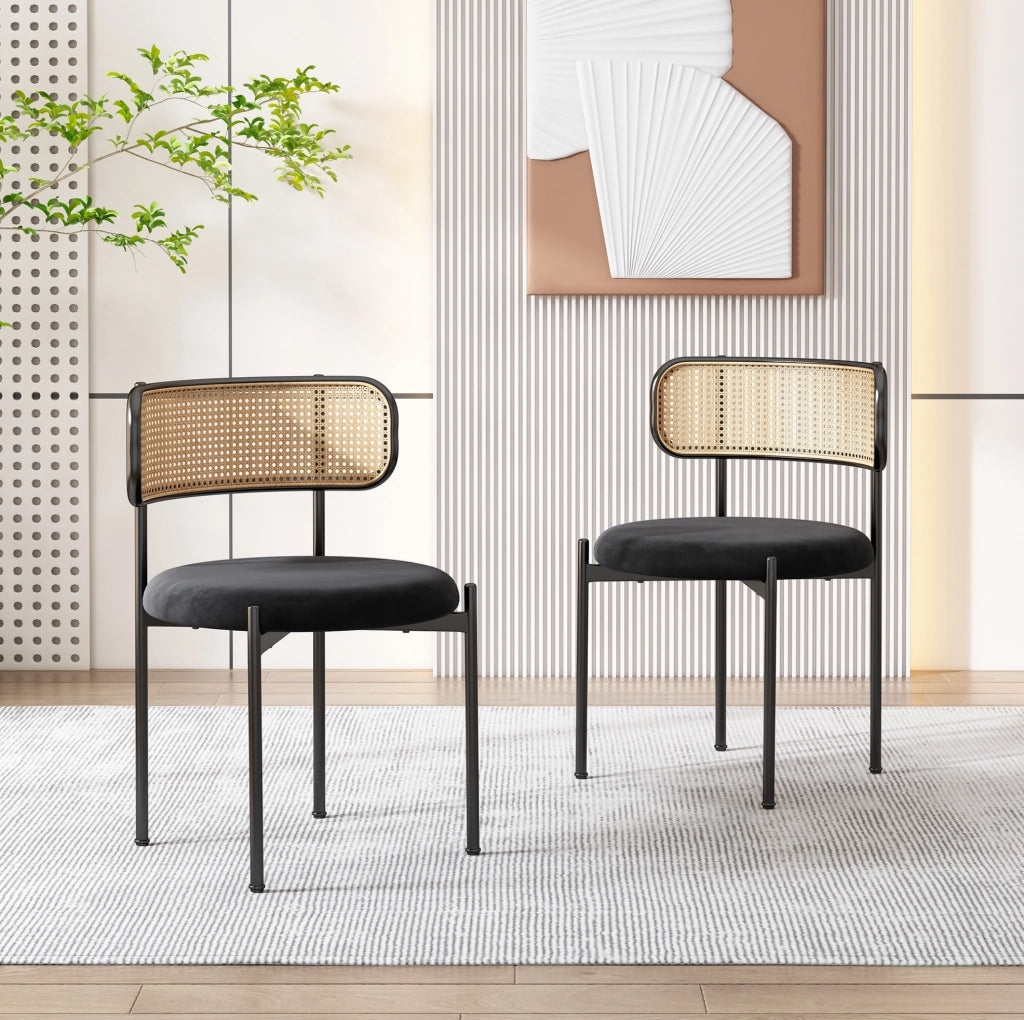 Set di 2 sedie da pranzo in velluto nero con schienale in rattan e gambe in metallo
