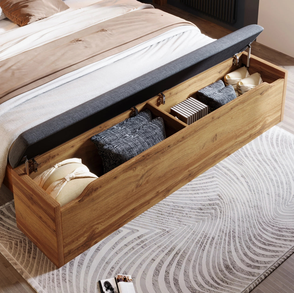 Letto matrimoniale 180x200 con comodini, luci LED e panca contenitore