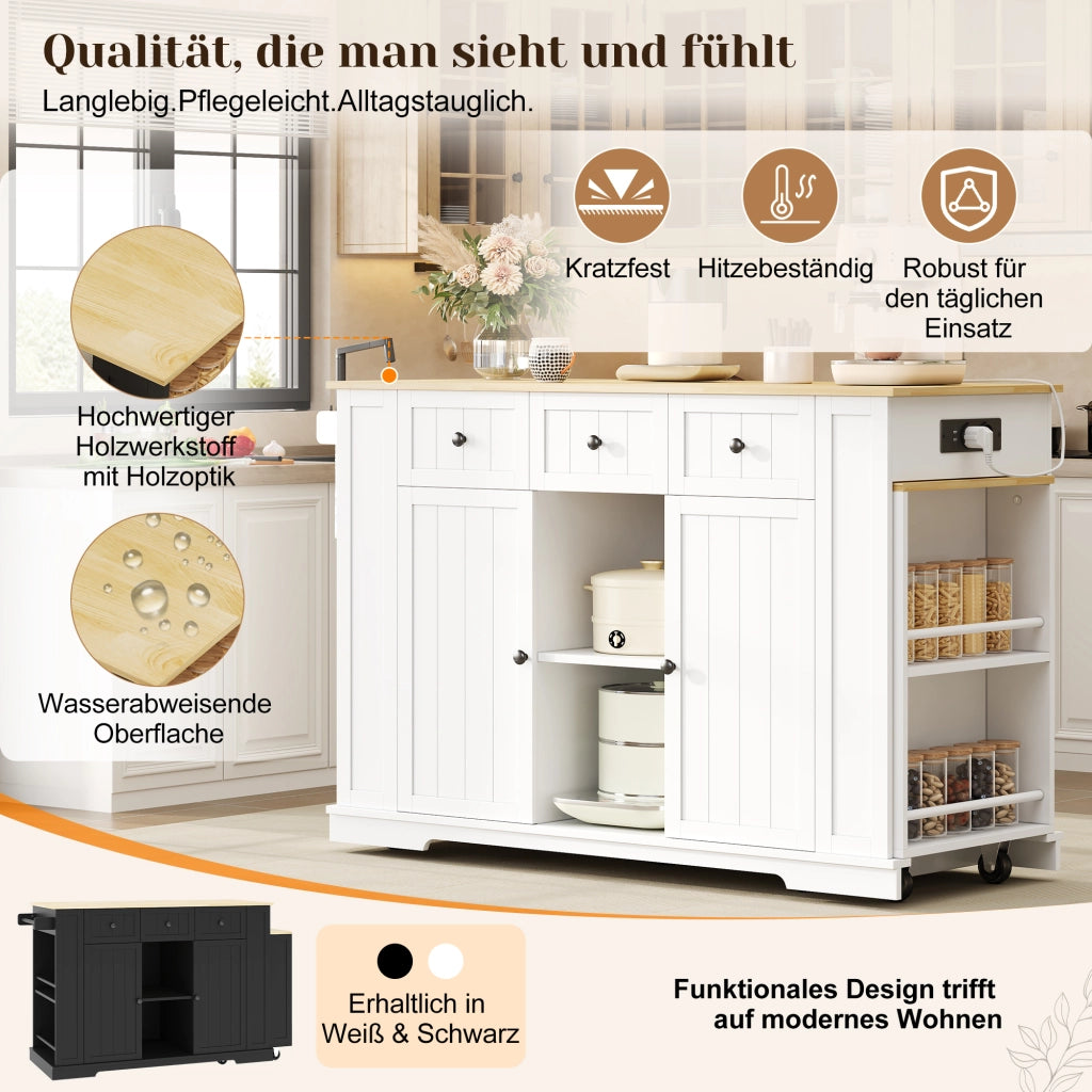 Carrello da cucina con tavolo estraibile, 2 ante, 2 cassetti, prese EU e USB, bianco naturale, 138 × 55 × 93 cm