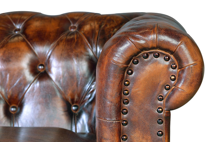 Divano chester 3 posti in vero cuoio marrone materassé