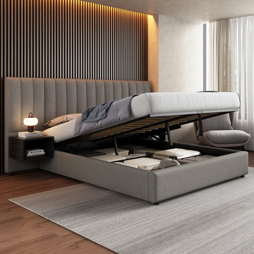 Letto 160x200 cm con contenitore ad apertura idraulica e 2 comodini; lino grigio e nero