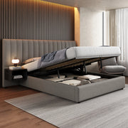 Letto 160x200 cm con contenitore ad apertura idraulica e 2 comodini; lino grigio e nero