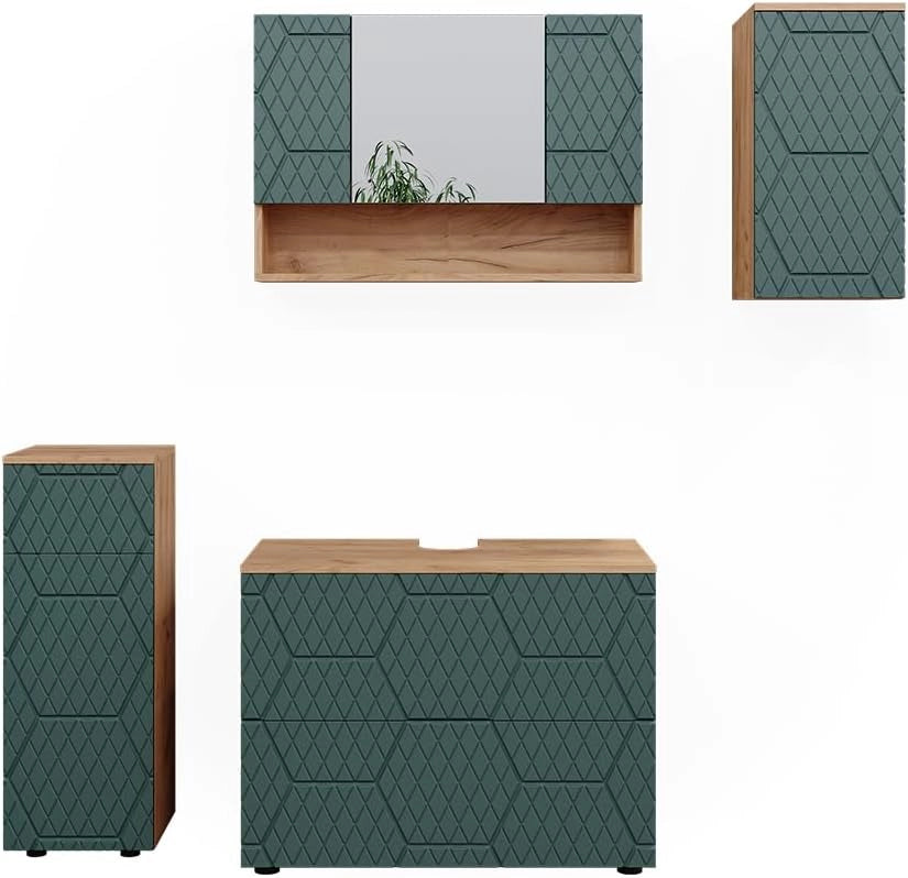 Set mobili bagno Irma, Quercia verde/oro, 4 parti