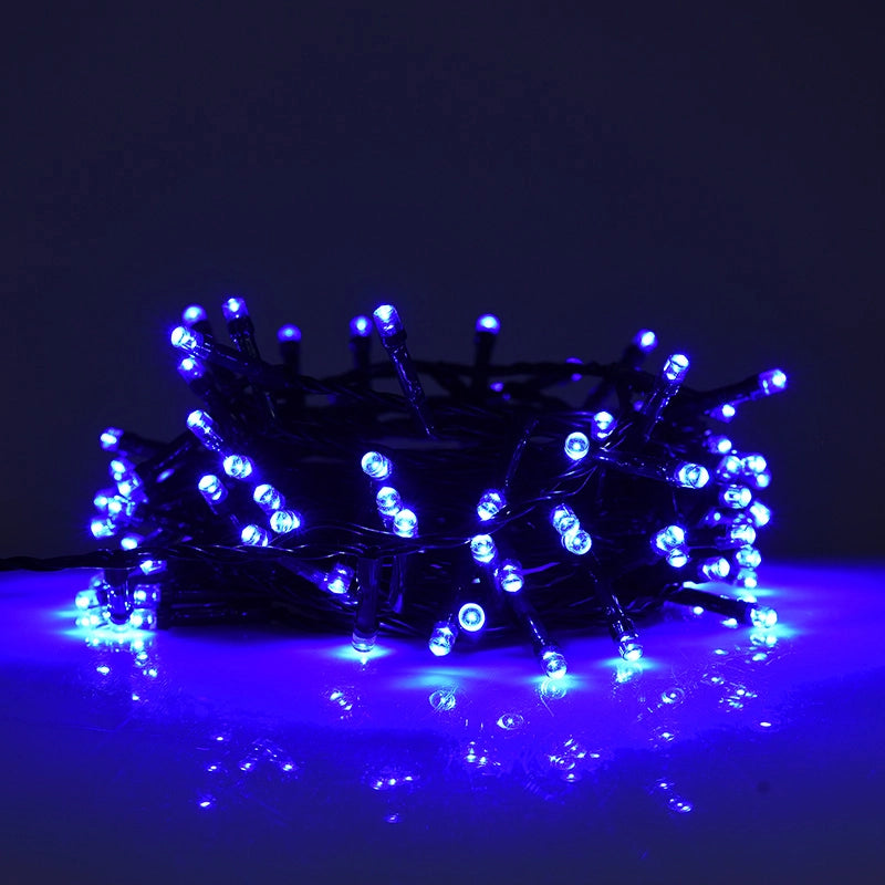 CATENA LUMINOSA 500 LED BLU 25mt CON 8 GIOCHI DI LUCE CAVO VERDE 31V IP44 - DECORAZIONE INTERNA ED ESTERNA