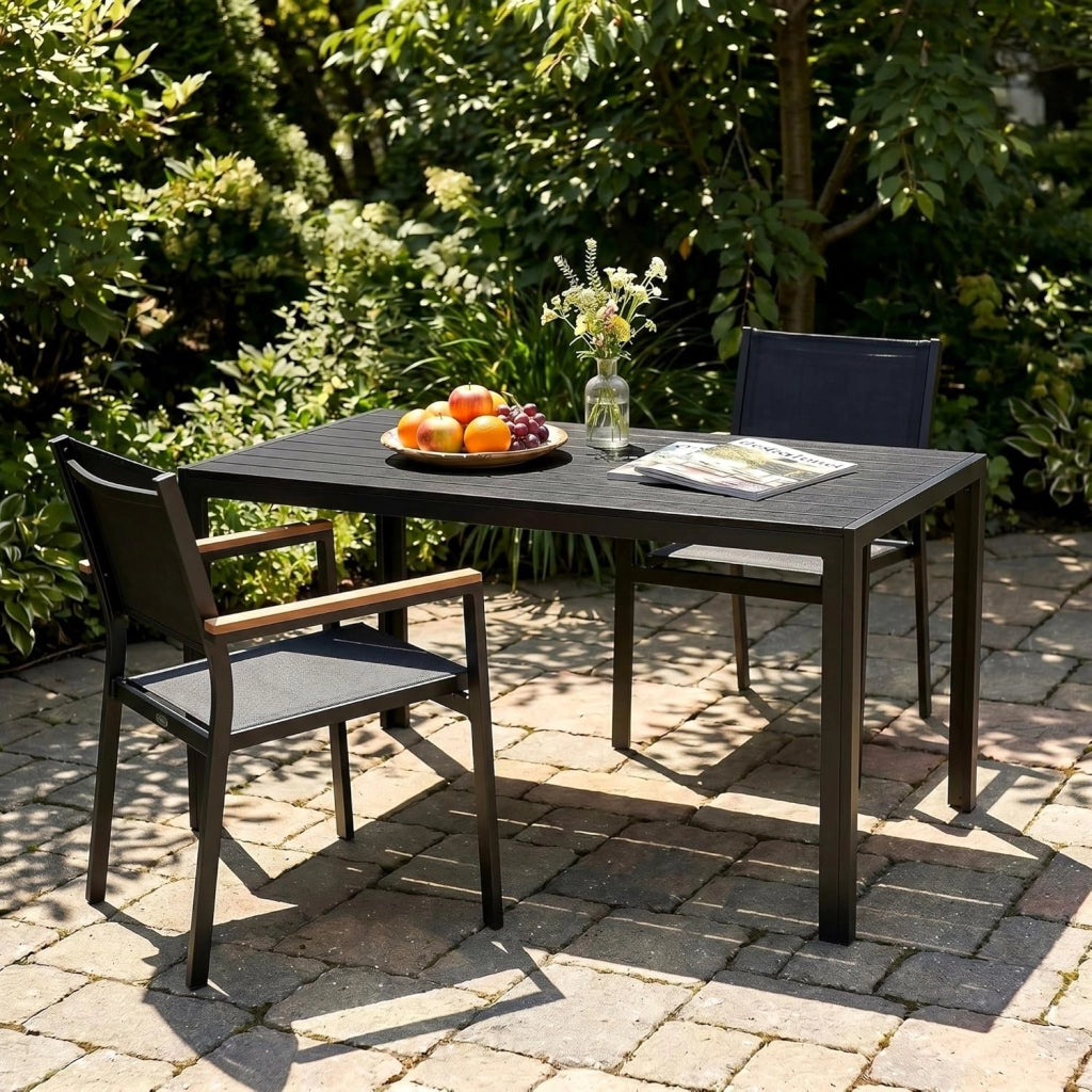 Tavolo da Giardino Moderno in WPC 110 x 70 cm, Tavolo da Pranzo per Esterno per 4-6 Persone, Tavolo da Balcone Salvaspazio in Alluminio, Design Effetto Legno,Nero