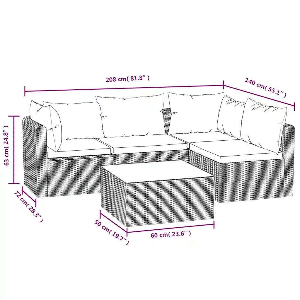 Set Divani da Giardino 5 pz con Cuscini in Polyrattan Nero 46554