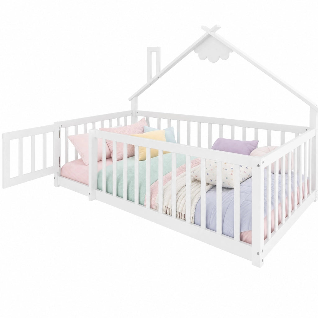 Letto singolo per bambini a forma di casetta con sponda e chiusura 90x190 cm in pino e MDF bianco