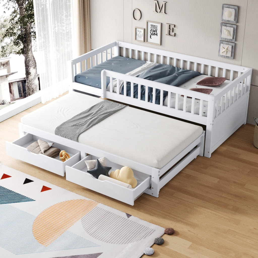 Letto multifunzione 90x200 cm con letto estraibile; 2 cassetti e rete a doghe; bianco