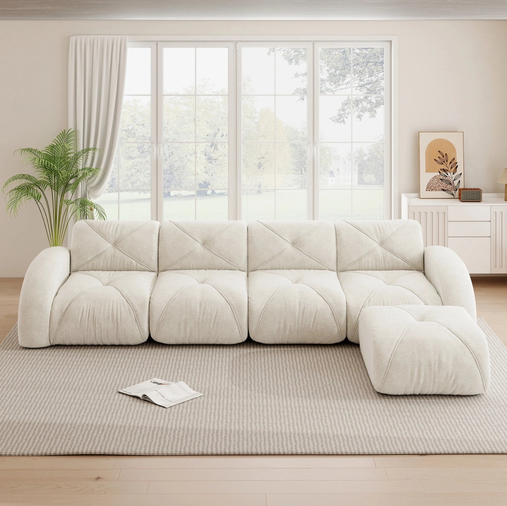 Divano modulare angolare 358x171x76 cm in chenille beige chiaro; design senza struttura