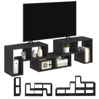 Mobile TV 75" max Modulabile con 2 Ripiani a L e Mensola Rettangolare, in Legno, 134-180x30.5x44 cm, Nero