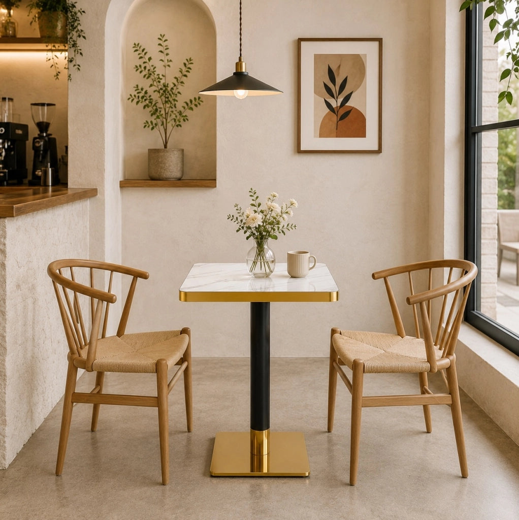 Tavolo quadrato da pranzo 60x60 cm in MDF effetto marmo bianco con gambe in metallo