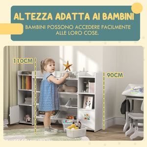 Scaffale Portagiochi per Bambini 140x30x90 cm con 8 Contenitori Rimovibili e Armadietti in MDF Bianco