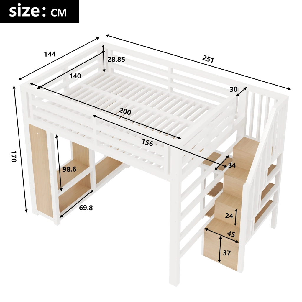 Letto a Soppalco 140x200 cm; LED; USB; Scrivania; Guardaroba; Scala; in Metallo; Bianco