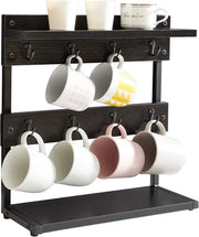 Bicchieriera vintage con 8 ganci, contenitore per bicchieri da tovaglia, supporto per bicchieri con cassetto di ripostiglio, per cucina, sala da pranzo, caffetteria, 40 x 15 x 40 cm, nero