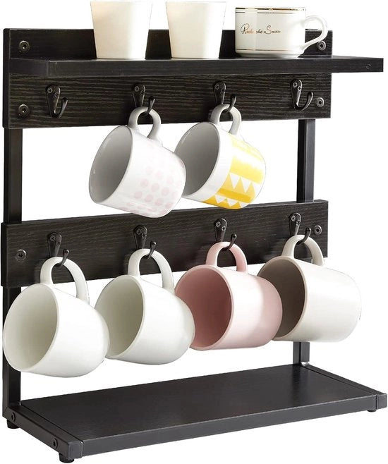 Bicchieriera vintage con 8 ganci, contenitore per bicchieri da tovaglia, supporto per bicchieri con cassetto di ripostiglio, per cucina, sala da pranzo, caffetteria, 40 x 15 x 40 cm, nero