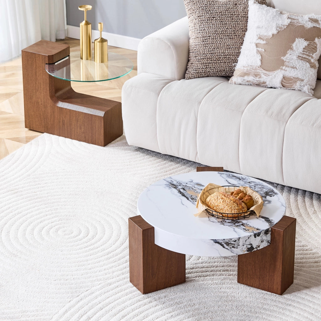TAVOLINO DA CAFFÈ Set da 2 pezzi rotondo MDF effetto noce bianco marmo vetro