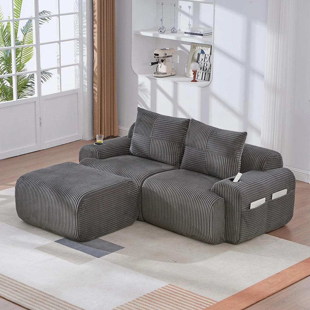 Canap¨¦ modulable in velluto costato per 2 persone - Xylo - Con pouf, porta-bevande e tascone laterale