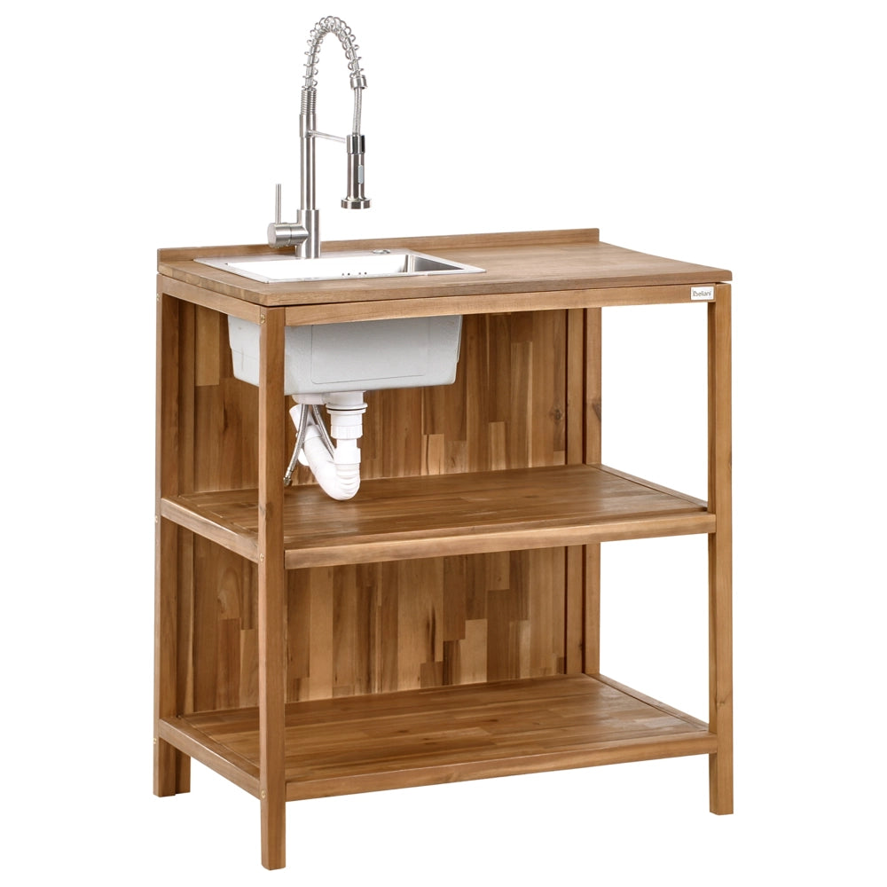 Isola da cucina per esterni con lavello e rubinetto in legno di acacia marrone e argento a 2 ripiani in acciaio inox con piano 50 x 80 x 90 cm