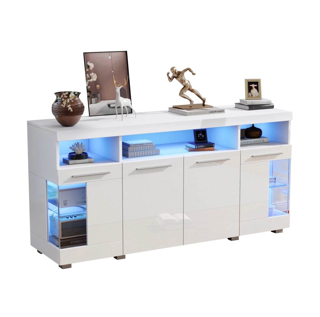 Credenza bianca 140x40x70 cm con LED integrato e ante in vetro temperato
