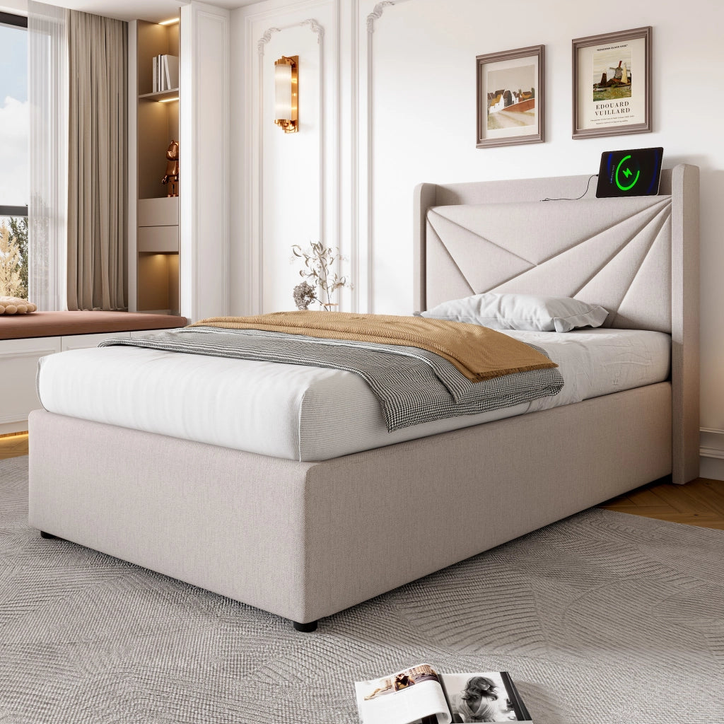 OKWISH Letto Contenitore 90×200 cm, Letto Singolo con USB, Tipo C e Testiera, senza Materasso, in Lino Cotone, Beige