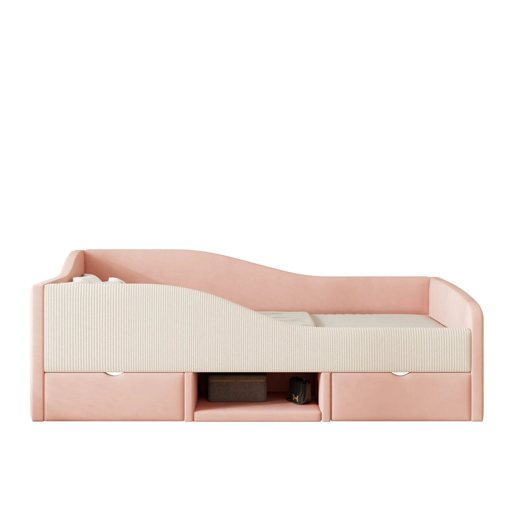 Letto imbottito singolo con cassetti ¨C Minimal ¨C Velluto rosa e crema 90x190cm