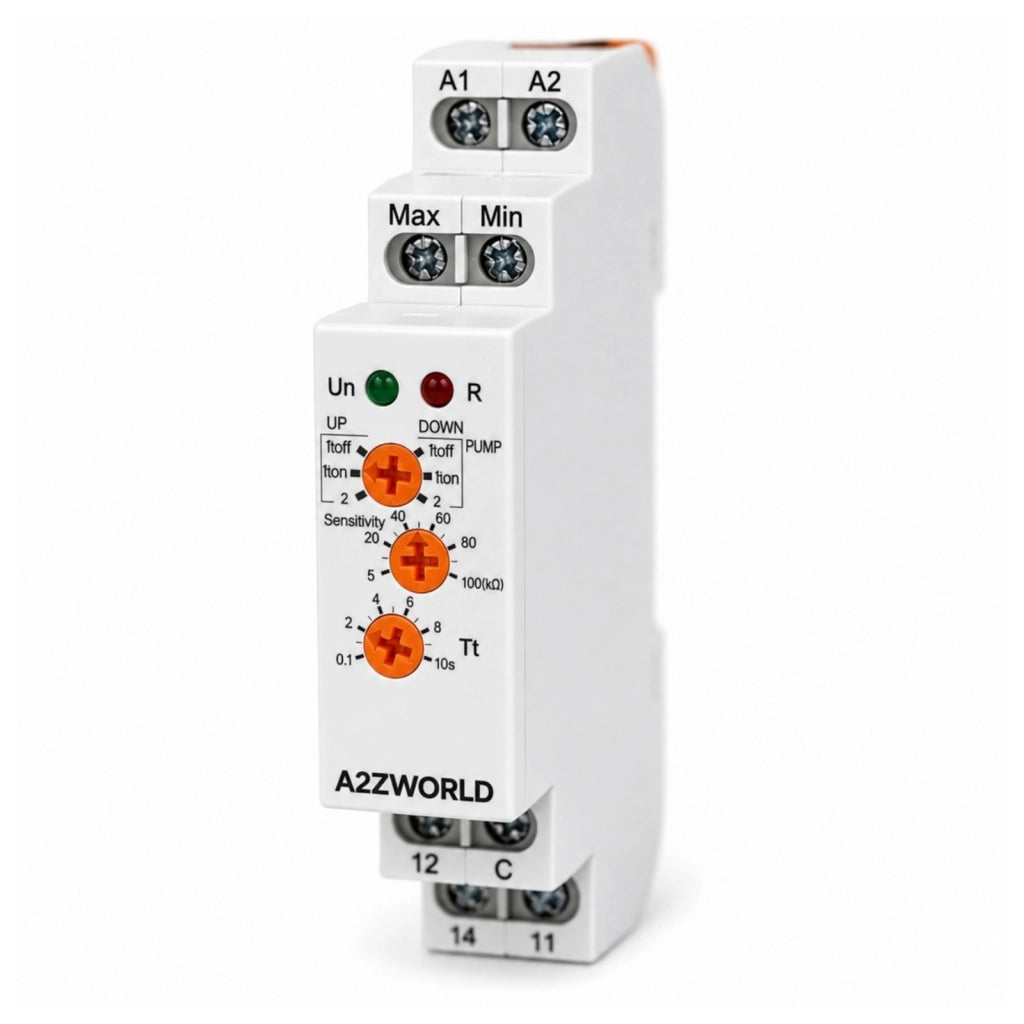 Relè Controllo Livello Liquidi Avanzato, AC/DC 24-240V 10A, Controllo 1 o 2 Livelli, Pump Up/Down, Ritardo 0,1-10S, Regolatore Livello Acqua,  Per Pompe e Serbatoi, 1 Modulo Guida Din
