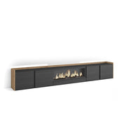 Mobile TV Soggiorno, 315x50x35 cm, Per TV fino a 80", Camino elettrico XXL, LED, Nero e rovere