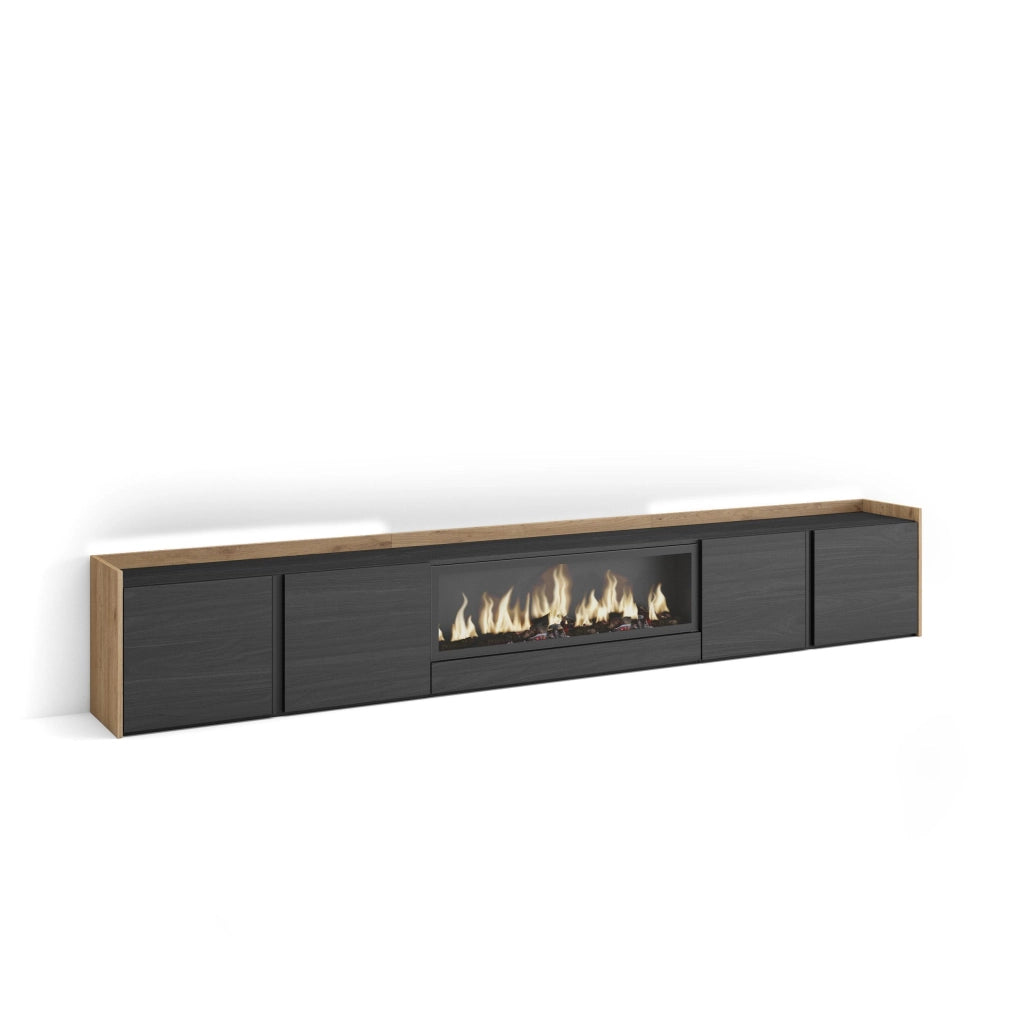 Mobile TV Soggiorno, 315x50x35 cm, Per TV fino a 80", Camino elettrico XXL, LED, Nero e rovere