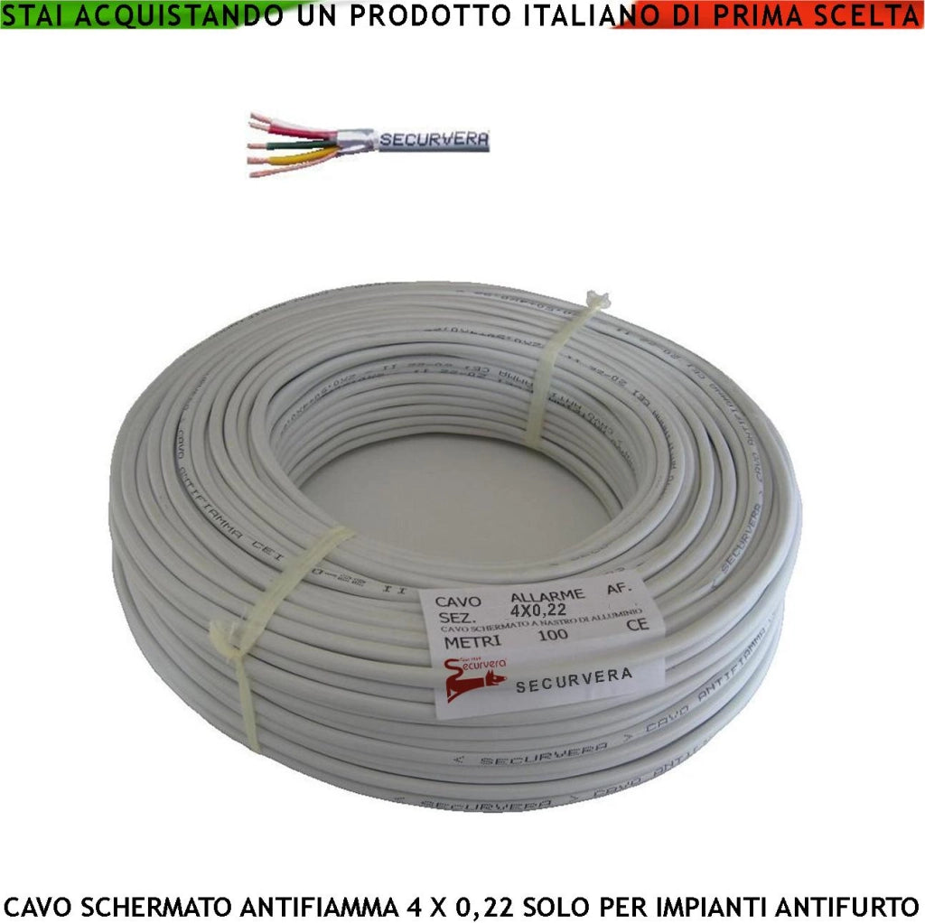 Cavo Schermato Flessibile Antifiamma 4x0,22 mm² Guaina PVC Bianco Prot. Alluminio/Poliest Drenaggio 4 Conduttori Coppie Polariz. Fili 7 Ø 0,19 mm Per Impianti di Allarme Antifurto Norma CEI 20/22-III