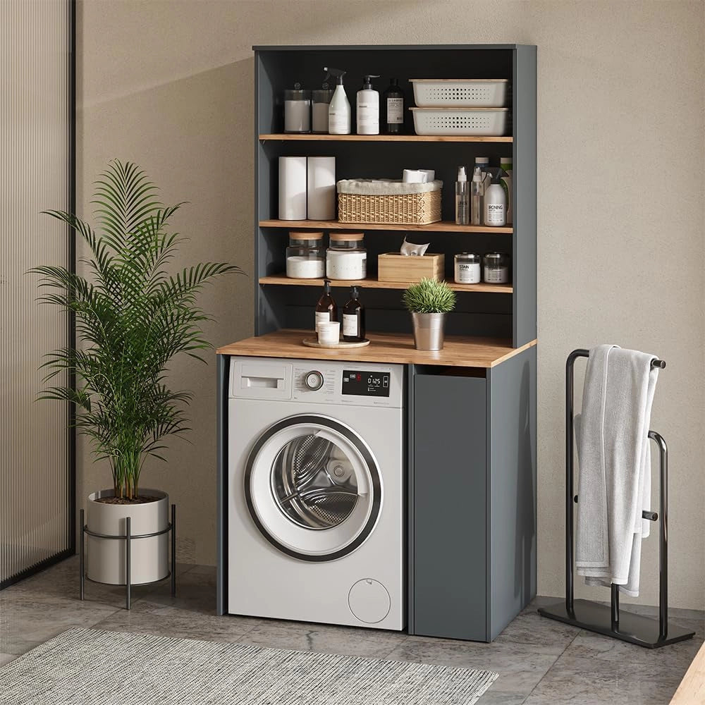 Mobile per lavatrice Antracite/Rovere Goldkraft Viktor 94x88x60 cm - Mobiletto da bagno per lavatrice, spazio di archiviazione aggiuntivo sopra l'elettrodomestico per detersivi e accessori