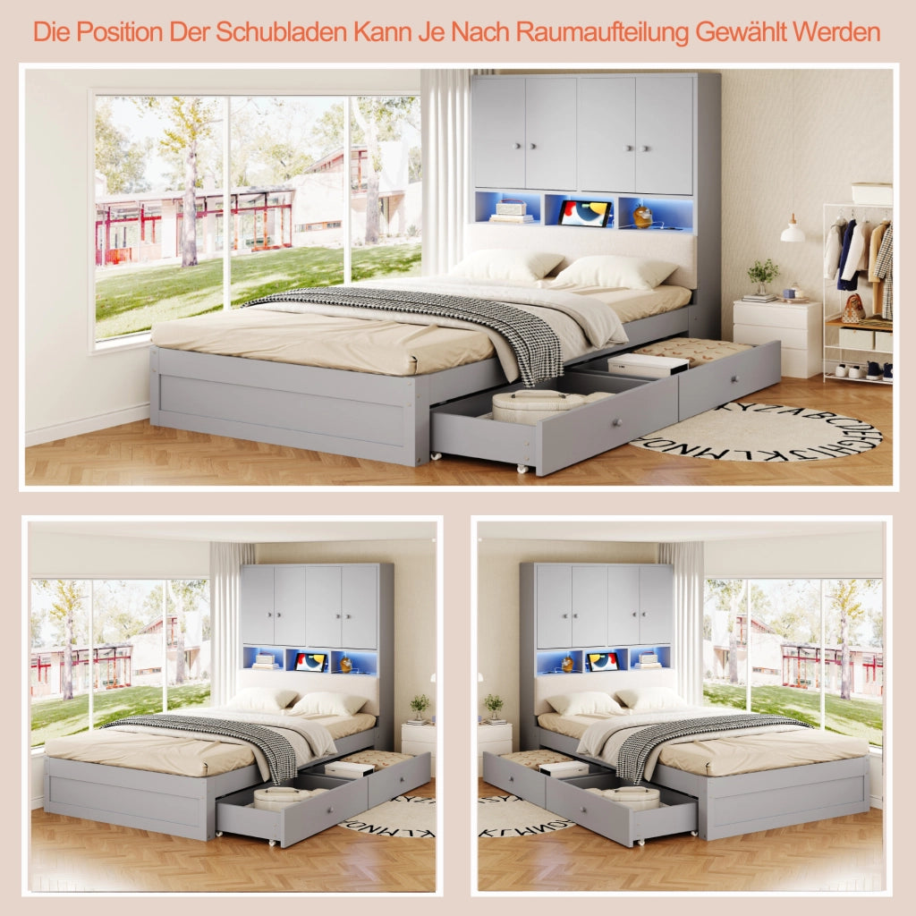 Letto singolo per bambini 90x200 cm con testiera imbottita; vani; LED; presa elettrica; cassetto e rete; legno grigio