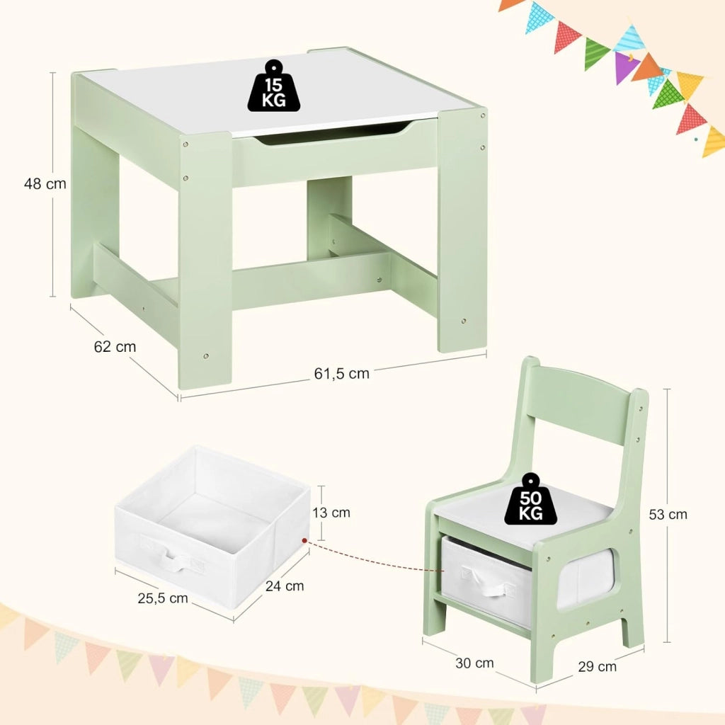 Set da Tavolino e Sedie per Bambini, Tavolo Bambini con 2 Sedie, Lavagna Reversibile, con Scomparto Nascosto e Scatole, per Cameretta, Asilo, Legno, Verde + Bianco